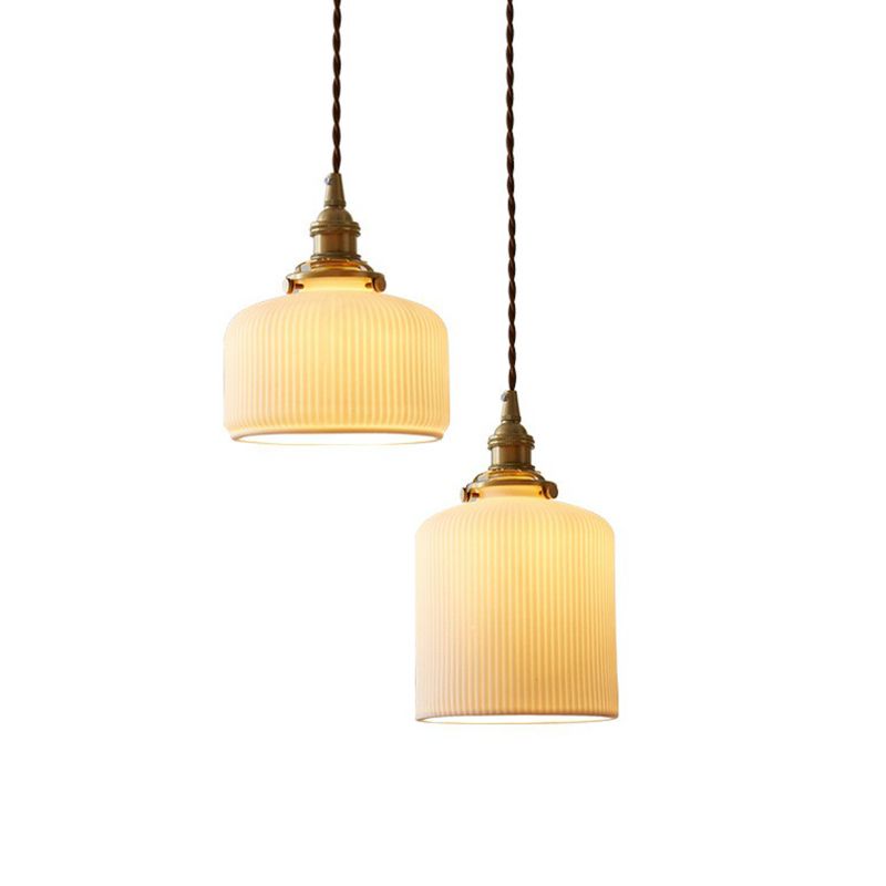 Retro Style Rounded Drum Suspension Lighting 1 Head Ceramic Pendant Ceiling Light in Brass