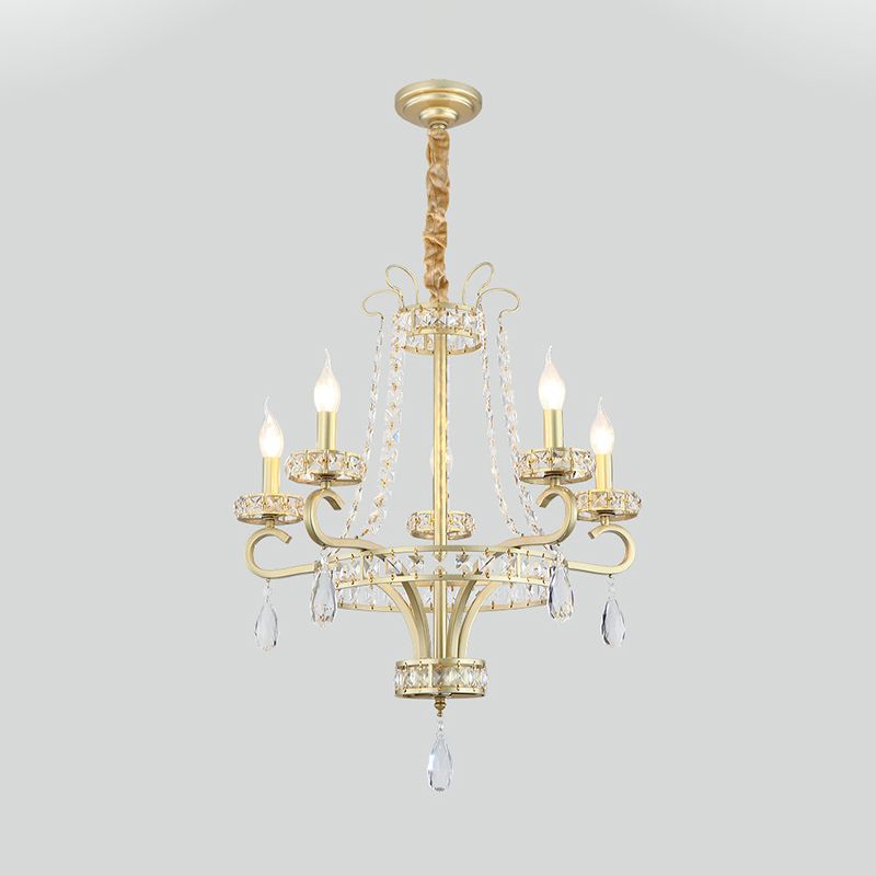 5/8 Bulbs Candle Chandelier Lamp Rustic Gold Crystal Prism Pendant Light Fixture for Living Room