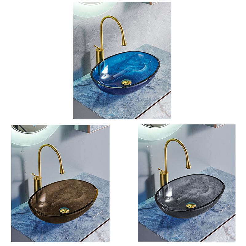 Modern Vessel Sink Oval Glass with Pop-Up Drain and Faucet Vessel Bathroom Sink