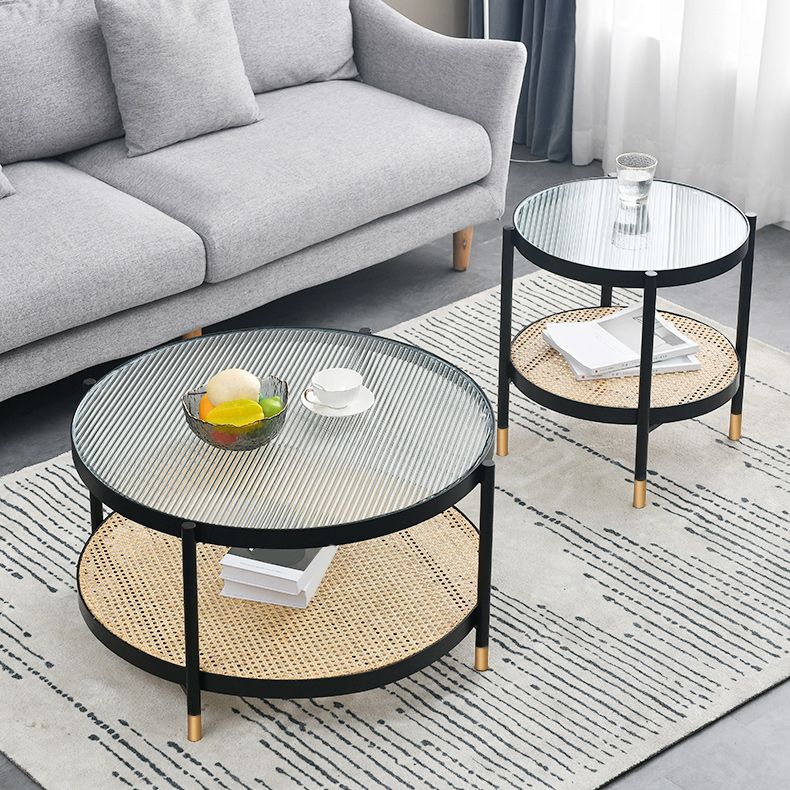 Modern Clear Glass Coffee Table with Storage Round 4 Legs Cocktail Table Set