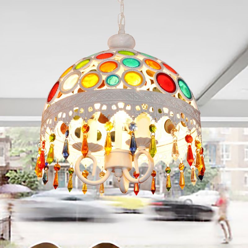 3 luces iluminación de lámpara de domo con lámpara colgante de bohemia de cuentas de cristal múltiples en acabado blanco