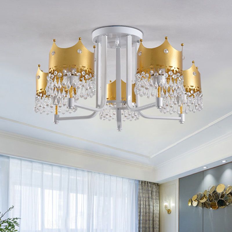 Crystal Crown Ceiling Lamp Modern 5 Bulbs Gold Chandelier Pendant Light for Living Room