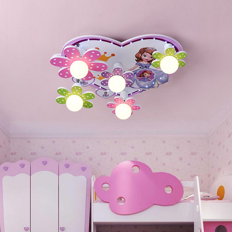 Colored Flower Princess Ceiling Lamp Kids 5-Light Wood Flush Mounted Lighting with Orb White Glass Shade