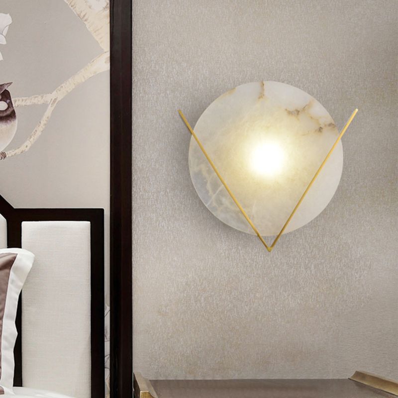 Post-Modern Round Panel Wall Light Sconce Marble 1 Head Bedside Wall Mounted Lamp Fixture with Brass V Deco