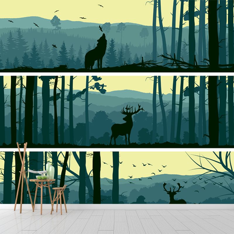 Aqua Forest Scenery Mural Decal Animal Modern Moisture Resistant Wall Art for Home