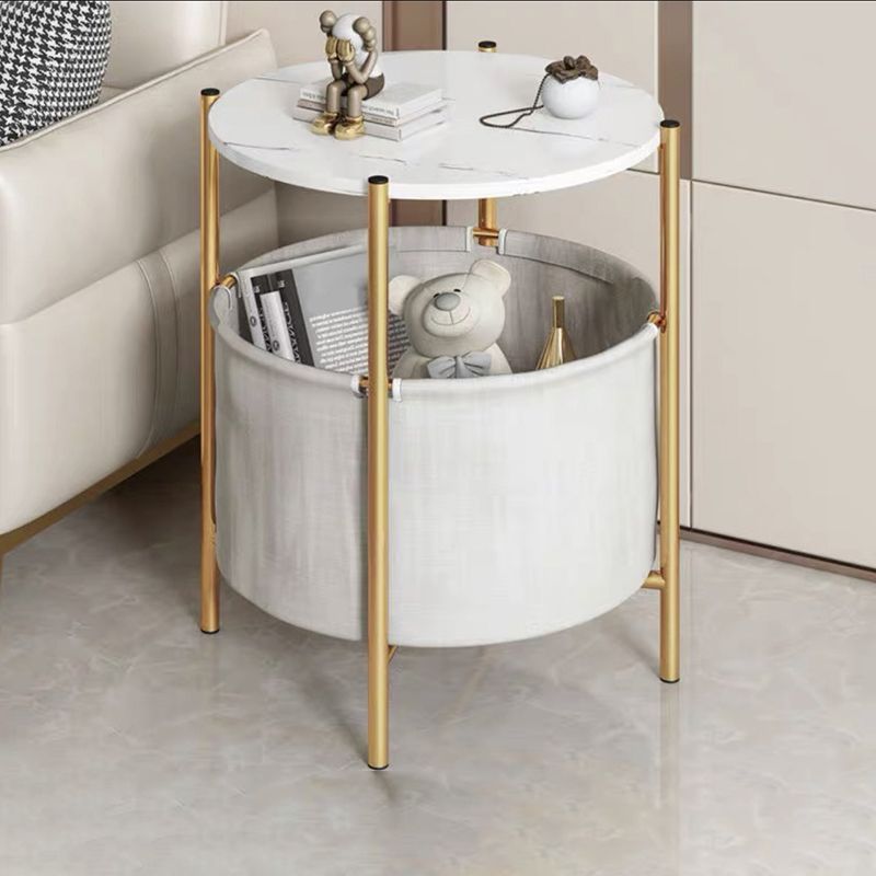 Modern Style Rock Slab Table Top Metal Steel Base with Circular Storage Space Side Table