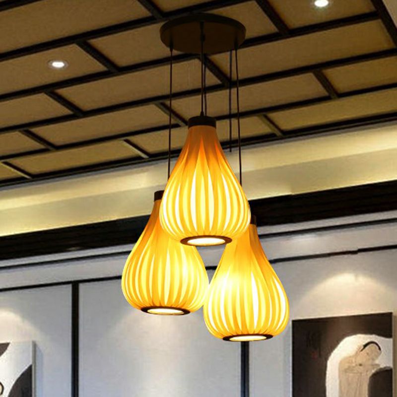 Wooden Teardrop Cluster Pendant Light Asian 3-Head Hanging Ceiling Light for Restaurant