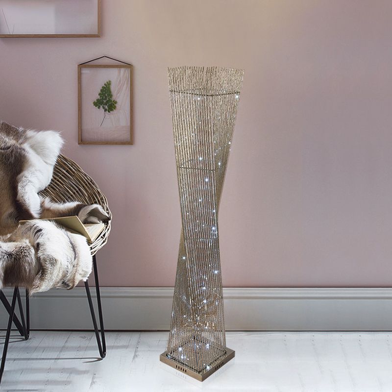 Silver LED Floor Lighting Decorative Metal Twisted Cuboid Standing Lamp for Study Room