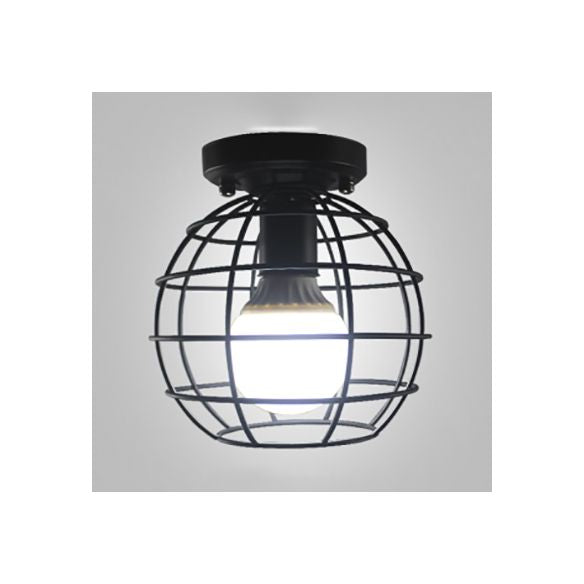 Lámpara de techo con pantalla de metal y jaula de globo, estilo retro, 1 luz, montaje empotrado en pasillo, en negro/blanco