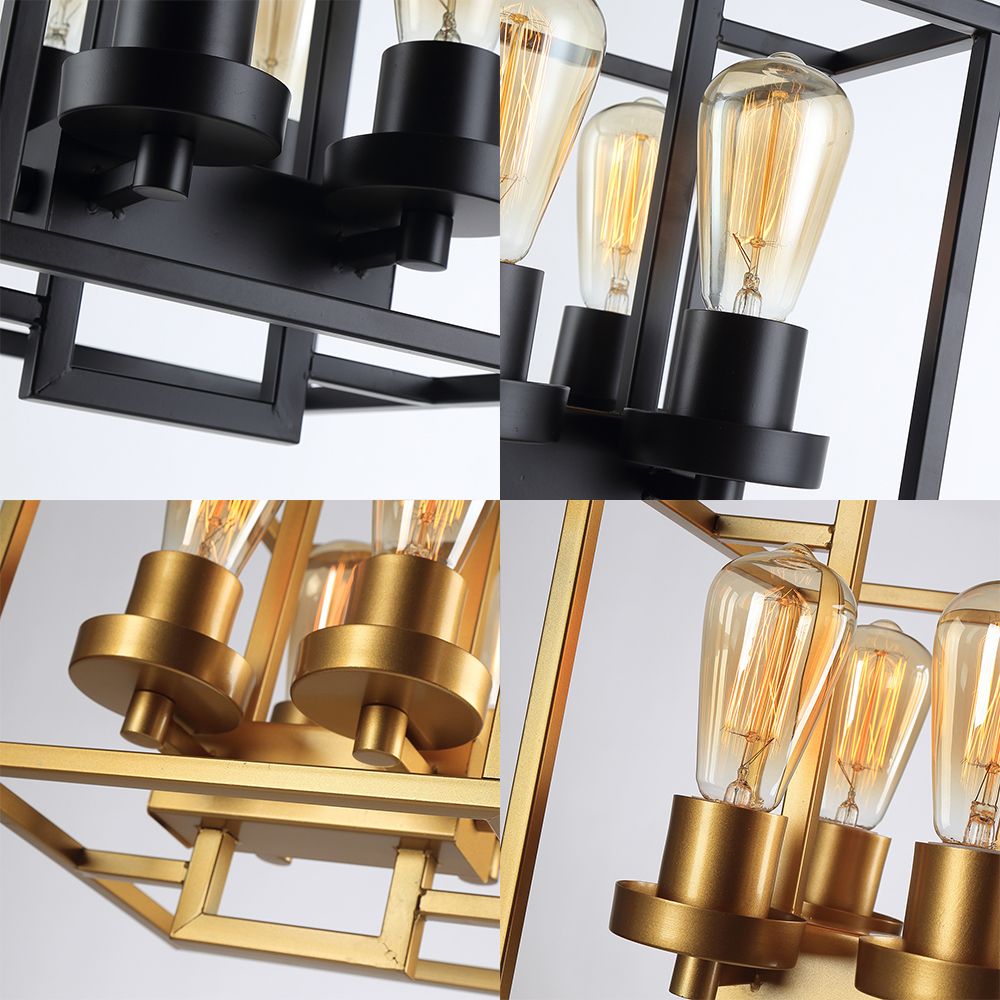 Square Living Room Semi Flush Industrial Style Metal 4 Lights Black/Silver/Gold Ceiling Lighting