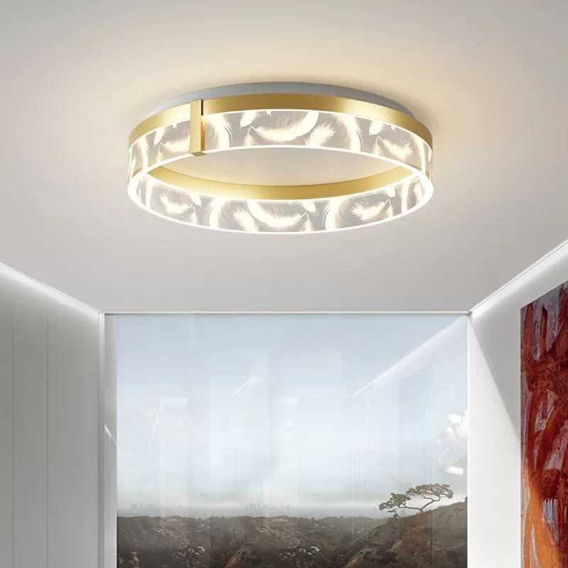 Circular Acrylic Feather LED Flush Mount in Modern Romantic Style Wrought Iron Ceiling Light for Dining Room