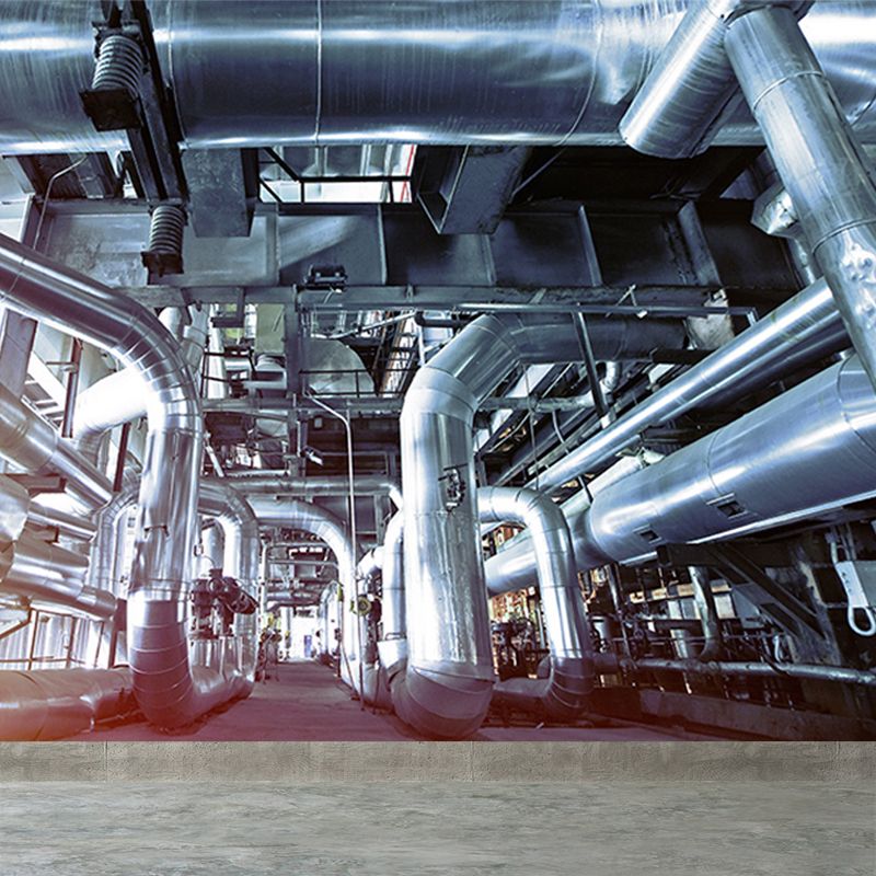 Gray Industrial Mural Decal Huge Machinery Scenery Wall Covering for Living Room