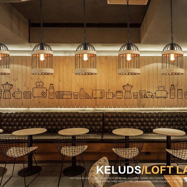 Rope Beige Pendant Light Kit Bird Cage Vintage Style Hanging Light Fixture for Restaurant