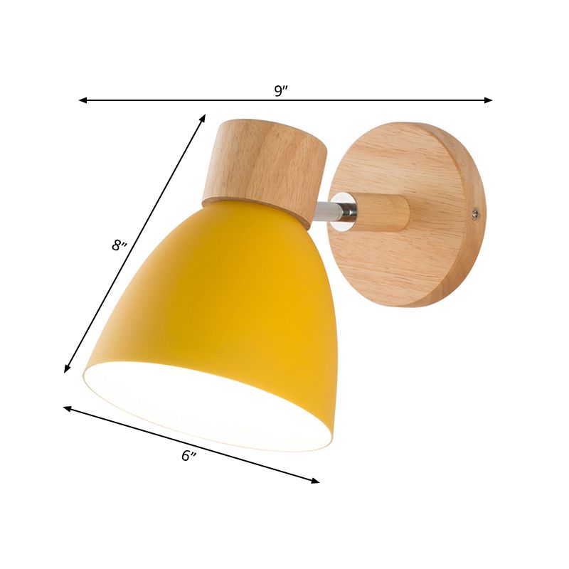 Metal Flare Wall Lighting Modern 1 Head Sconce Light Fixture in Yellow with Circle Wood Backplate
