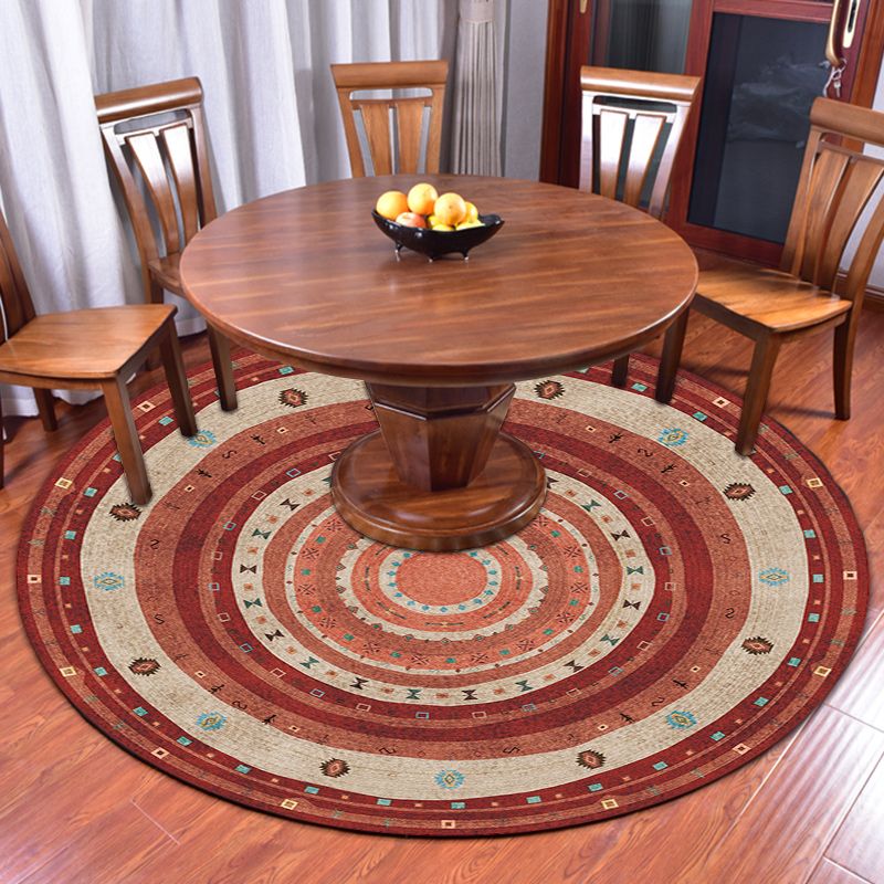 Bohemian Living Room Rug in Red Circle Print Rug Polyester Washable Stain-Resistant Pet Friendly Area Rug