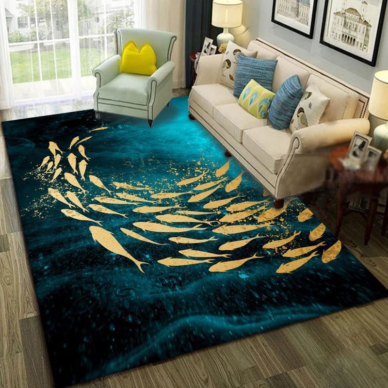 Green Living Room Indoor Rug Modern Fish Carpet Polyester Non-Split Area Carpet
