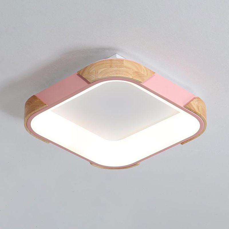 Macaron Square Flush Light Grey/White/Pink Wood LED Ceiling Light Fixture in Warm/White Light, 14"/18"/24" Wide