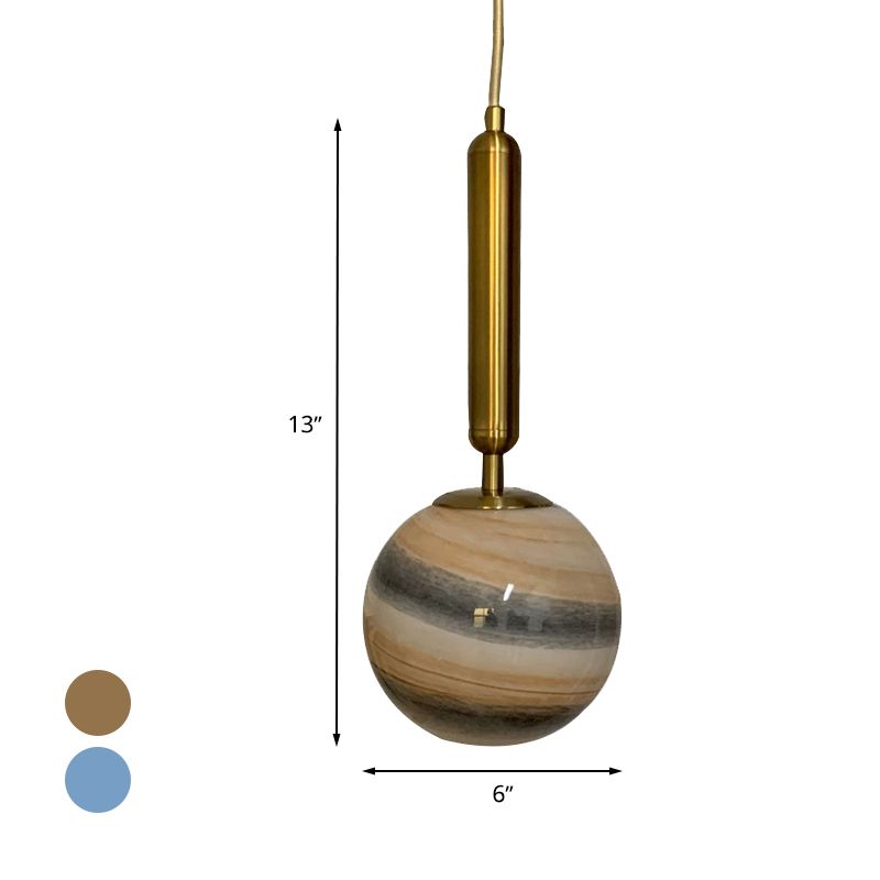 1-Bulb Bedroom Drop Lamp Modern Brass Pendant Lighting Fixture with Ball Tan/Blue Glass Shade
