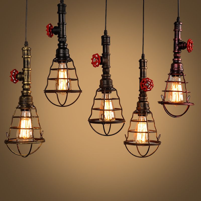 Single Bulb Shaped Cage Pendant Light Industrial Metal Suspension Light Fixture with Red Valve Deco