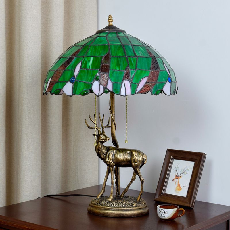 Bronze Deer Pull-Chain Night Lamp Vintage 2-Head Resin Table Light with Green Palm Leaf Glass Shade