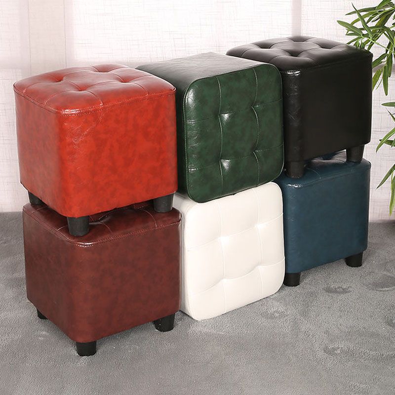 Modern Square Pouf Pure Color Tufted Upholstered Faux Leather Cube Ottoman