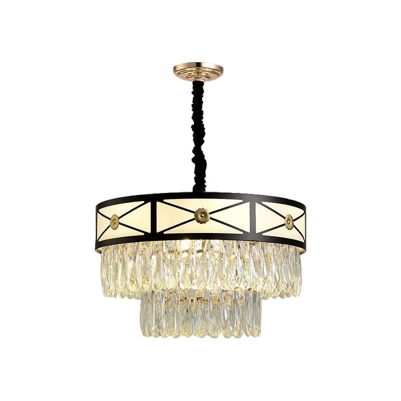 Black Finish 9 Heads Chandelier Lamp Contemporary Clear Crystal 3-Layer Round Suspension Light