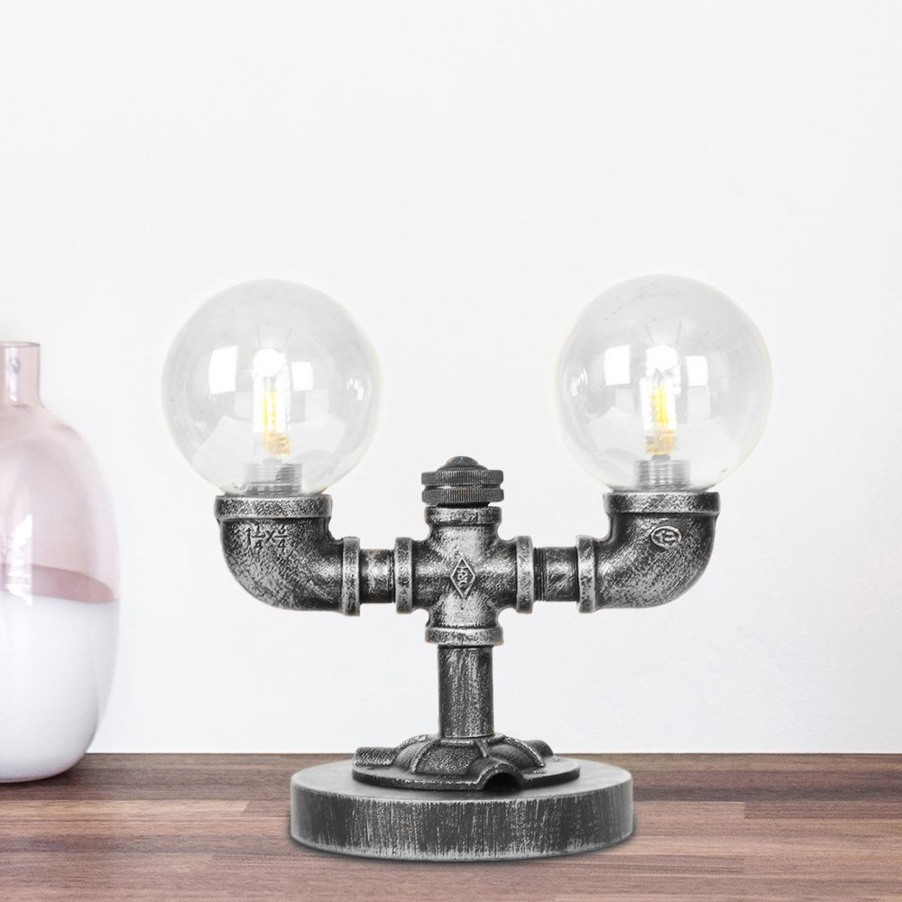 Tarea de sombra redonda de vidrio transparente/ámbar iluminación vintage estilo 2 luces lámpara de escritorio de cafetería en plata antigua/bronce