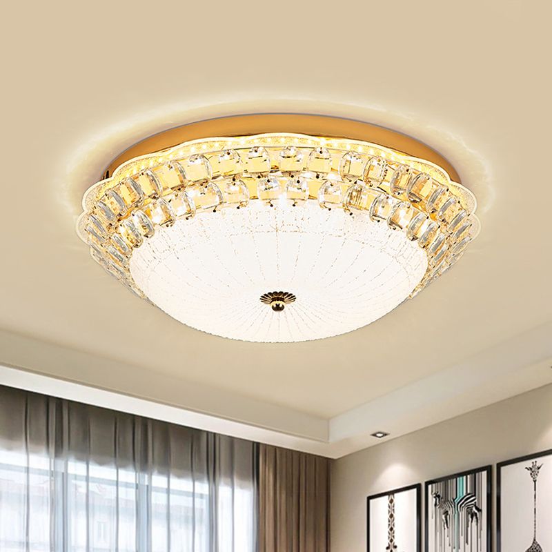 16"/19.5" W Bowl LED Flush Mount Lighting Simple White Glass Ceiling Fixture with Crystal Accent