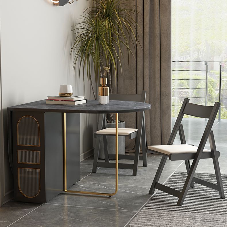Mesa de comedor de piedra sinterizada 59 '' plegable Mesa ovalada moderna con base de caballete de almacenamiento