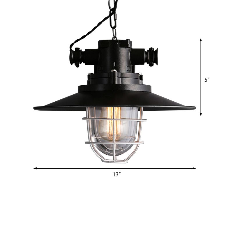 Wire Cage Restaurant Hanging Lamp with Saucer Shade Nautical Metal 1 Bulb Black Ceiling Pendant
