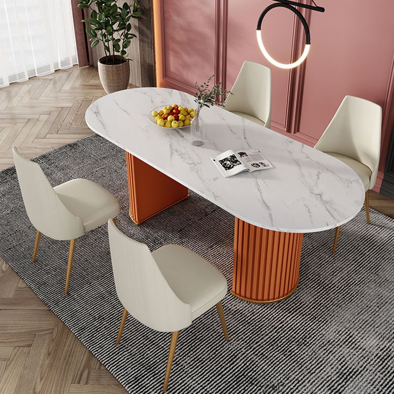 Oval Sintered Stone Top Esstisch Moderner Tisch in Weiß mit doppelter Sockel
