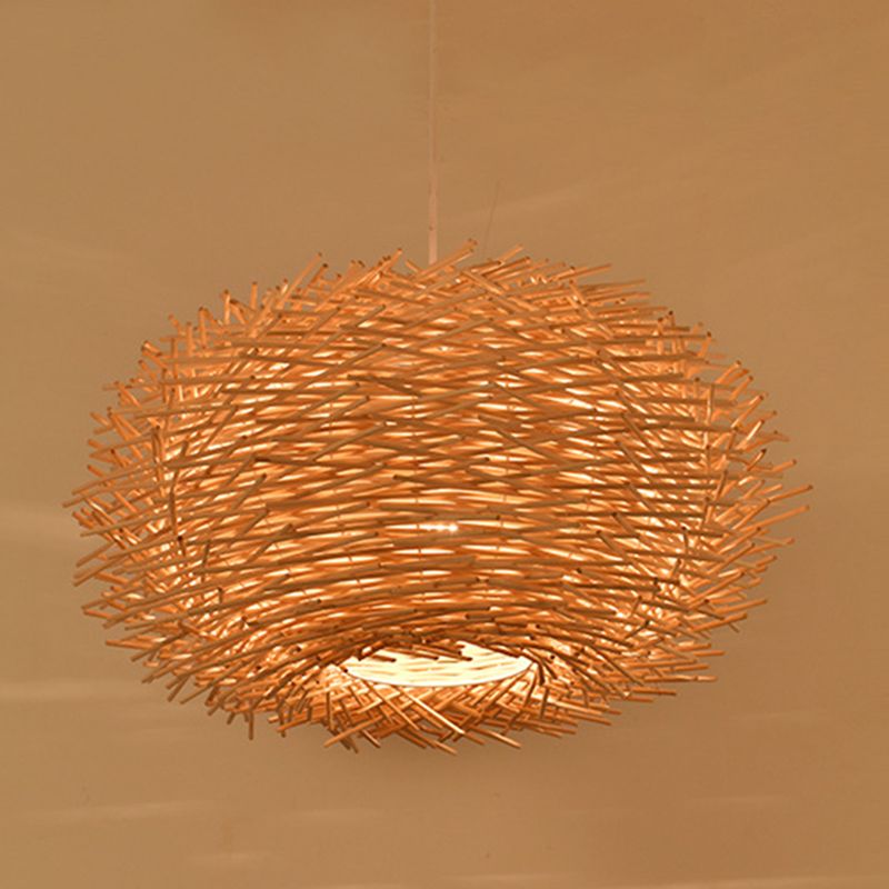 Bird's Nest Shaped Creative Hanging Light Asian Style Simplicity Bamboo Weaving Lighting Fixture with 39.3" Suspended Wire