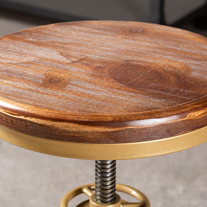 Industrial Adjustable Height Bar Stool Round Solid Wood with Iron Legs