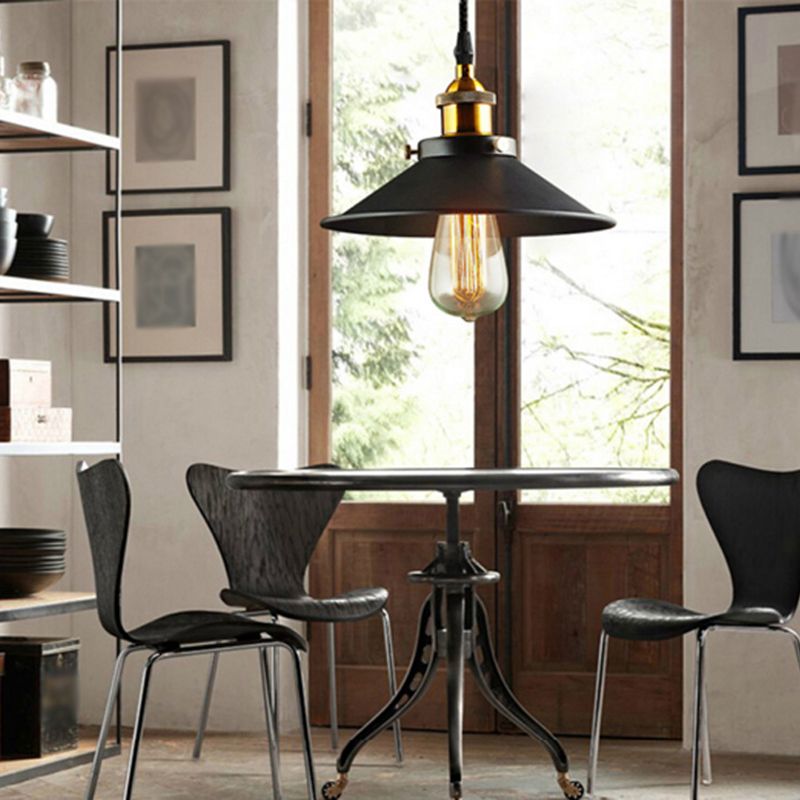 Tapered Cape Shade 1-Light Industrial Metal Pendant Light Hanging Ceiling Light in Black