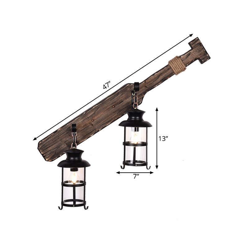 Farmhouse Kerosene Wall Light Fixture 2-Light Clear Glass Wall Sconce in Black with Wood Tool Design