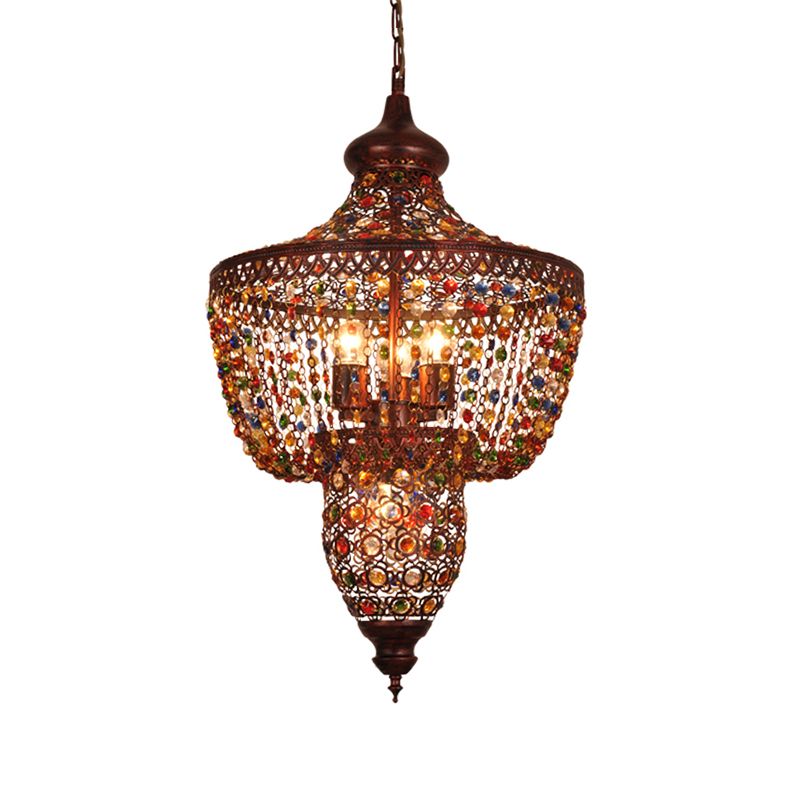 4 Lights Crystal Gem Pendant Light with Metal Shade Bohemia Hanging Ceiling Light in Weathered Copper