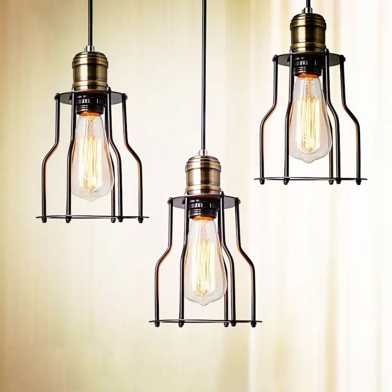 Single-Bulb Drop Pendant Warehouse Caged Metal Suspended Lighting Fixture in Black