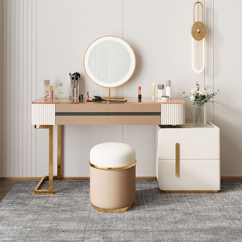 Glam Wood Makeup Vanity Desk Glass Top 4 Drawer Dressing Table