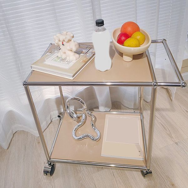 Rectangular Metal/glass Side Table with Wheel Base Mid-century Modern Style