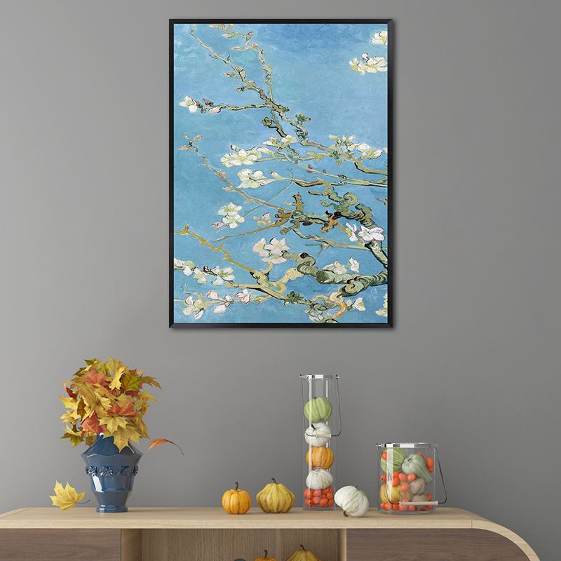 Blossoming Plum Branches Canvas Textured Country Living Room Wall Art Print in Blue