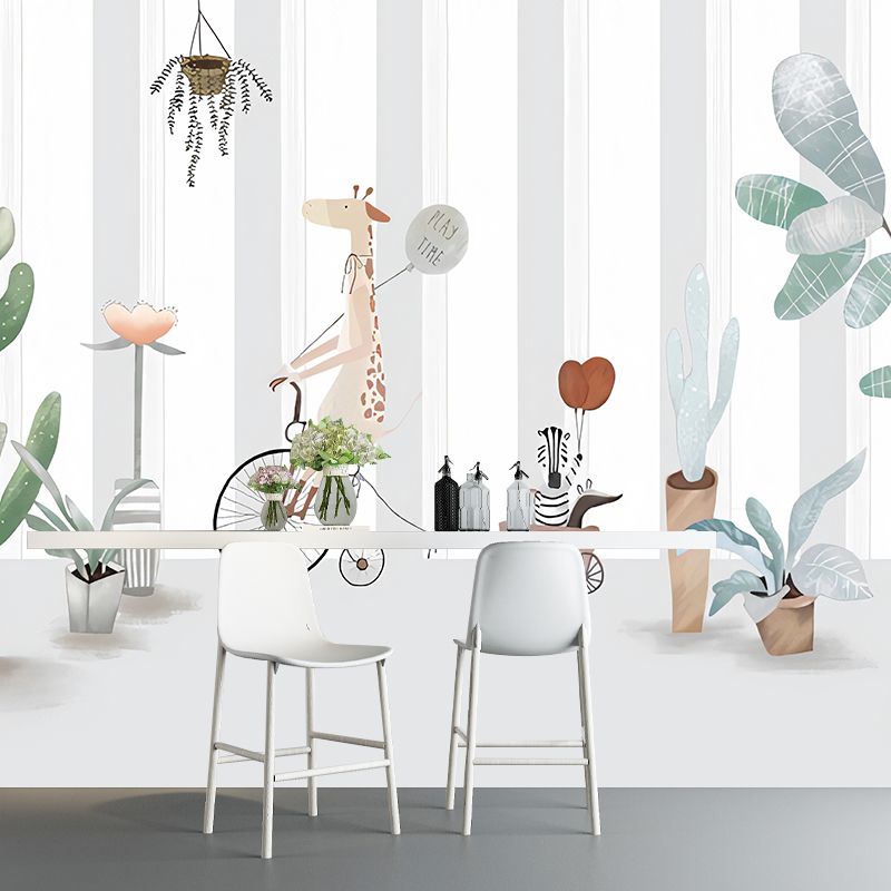 Cute Cactus Mural Wallpaper for Children's Bedroom, Green and Grey, Personalized Size Available