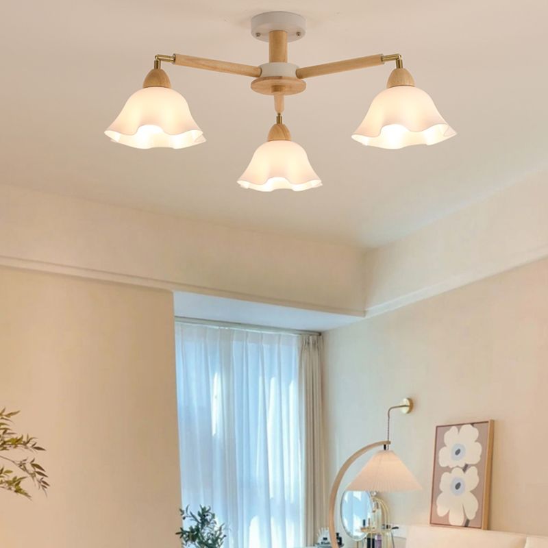 Modern Wooden Semi Mount Lighting Glass Shade Semi Flush for Living Room