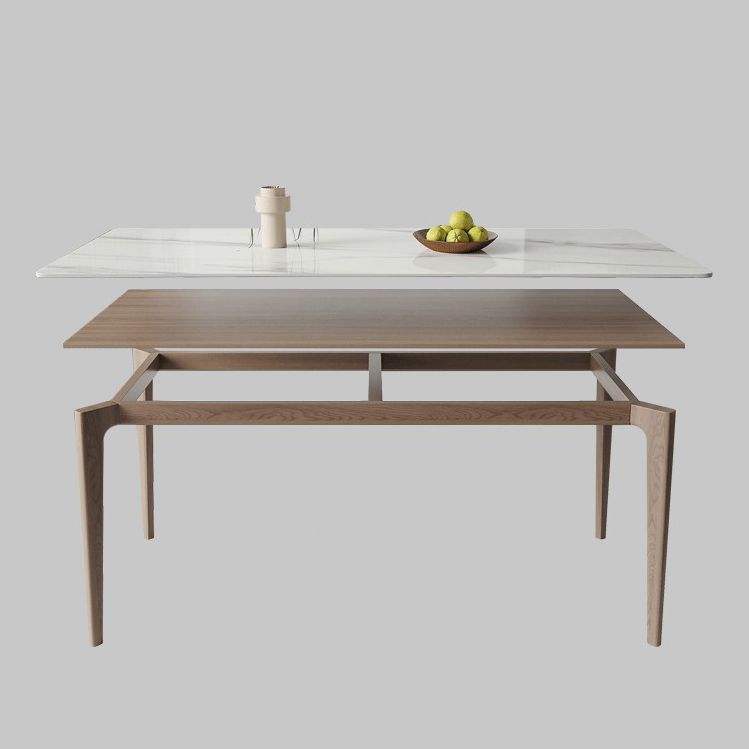 Mid-Century Rectangle Dining Table Stone Dining Table with Solid Wood Legs