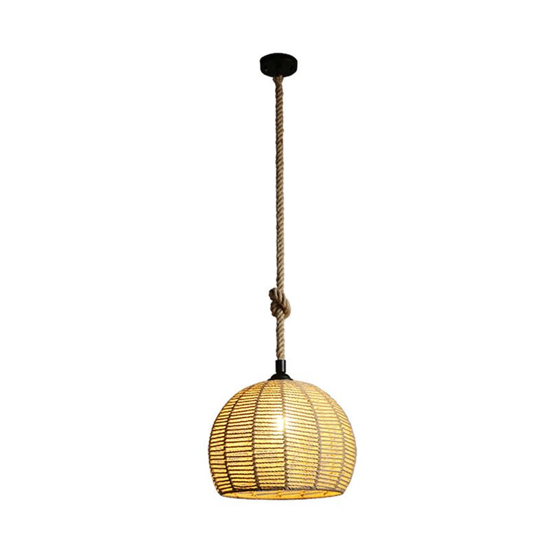 Black/Brown 1-Light Pendant Lamp Rural Hemp Rope Half-Globe Ceiling Hang Light over Dining Table, 10"/12" Wide