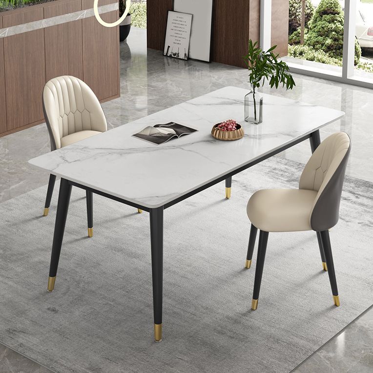 Contemporary Style Sintered Stone Dining Set with White Table and 4 Black Legs Base