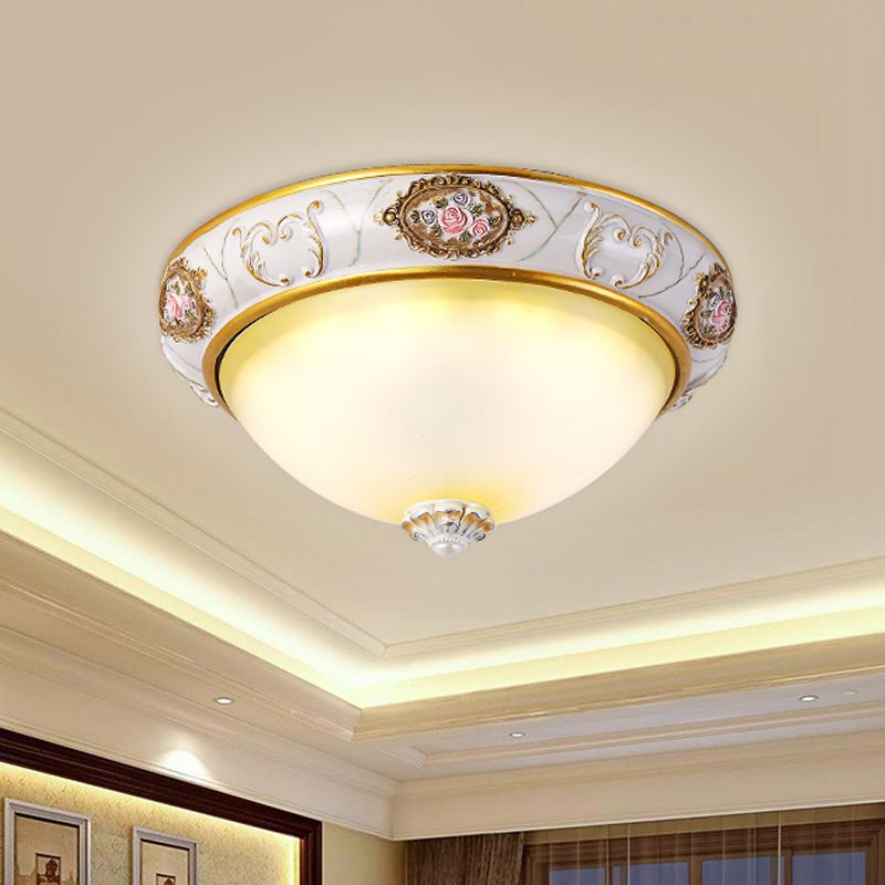White Glass Domed Flush Mount Lighting Korea Countryside LED Bedroom Flush Lamp Fixture, 12"/16" Width