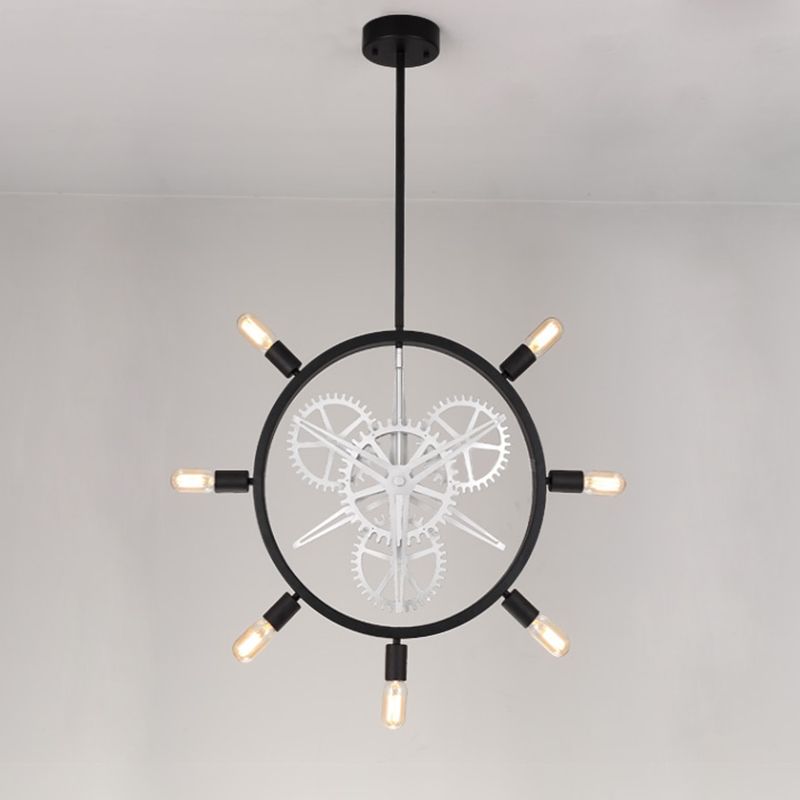 7/8 Bulbs Iron Hanging Chandelier Industrial Black/Silver Gear Wheel Dining Table Suspended Lighting Fixture with Exposed Bulb Design