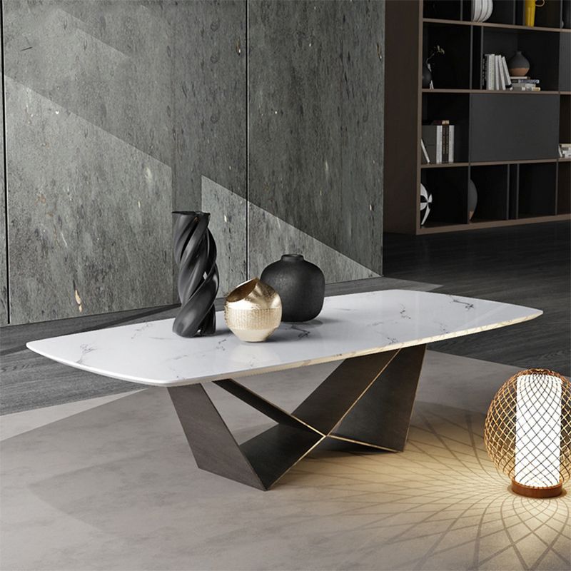 Glam Rectangle White Coffee Table with Marble Top and Steel Base