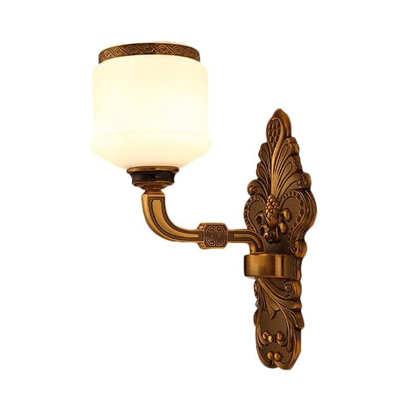 1/2-Light Wall Mount Lighting Vintage Style Drum Shade White Glass Wall Sconce Lamp in Brass