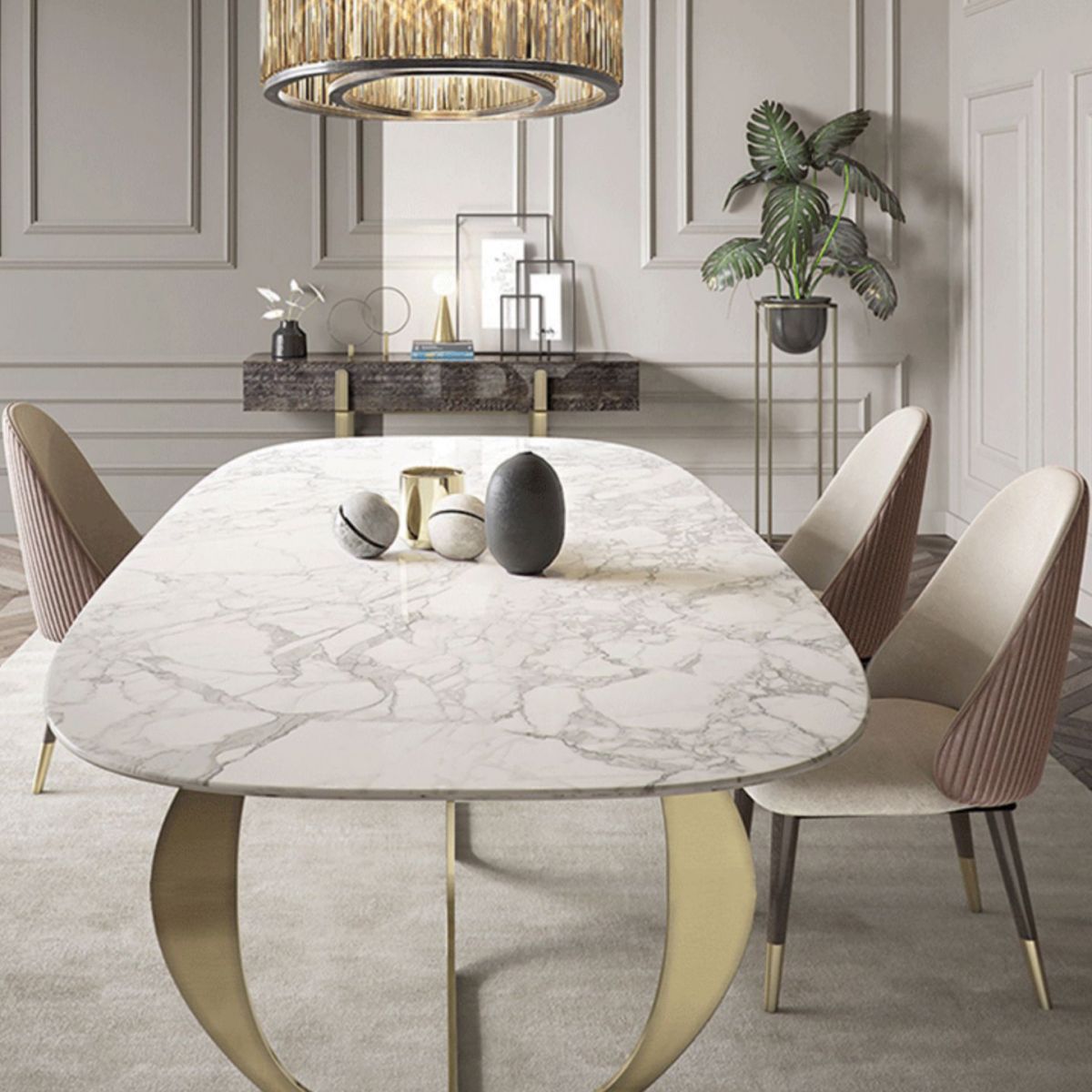 Nordic Glam Style Rectangle Sintered Stone Table Set 1/4/5/7 Pieces Dining Set